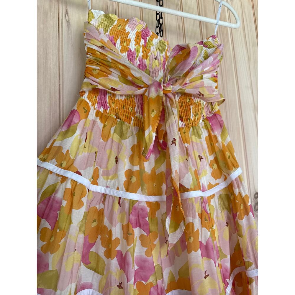 NWT Lulus Sunlight Aura Orange Floral Strapless Tiered Midi Dress Resort Size L - Picture 4 of 7